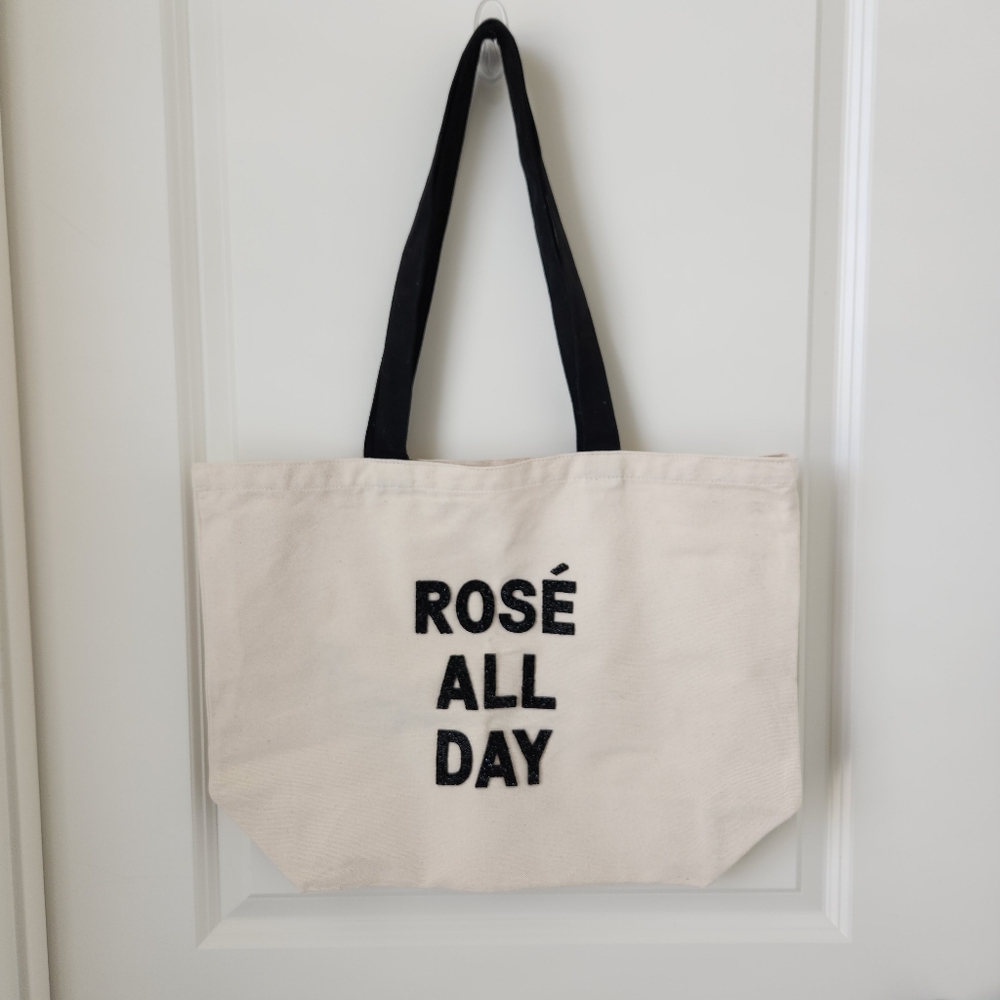 Cream and Black Tote Bag with Rosé All Day Design